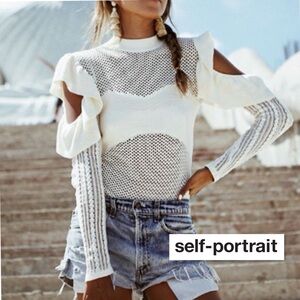 Self-Portrait Frill Ruffle Cold Shoulder Open Knit Sweater Top White M Boho Y2K